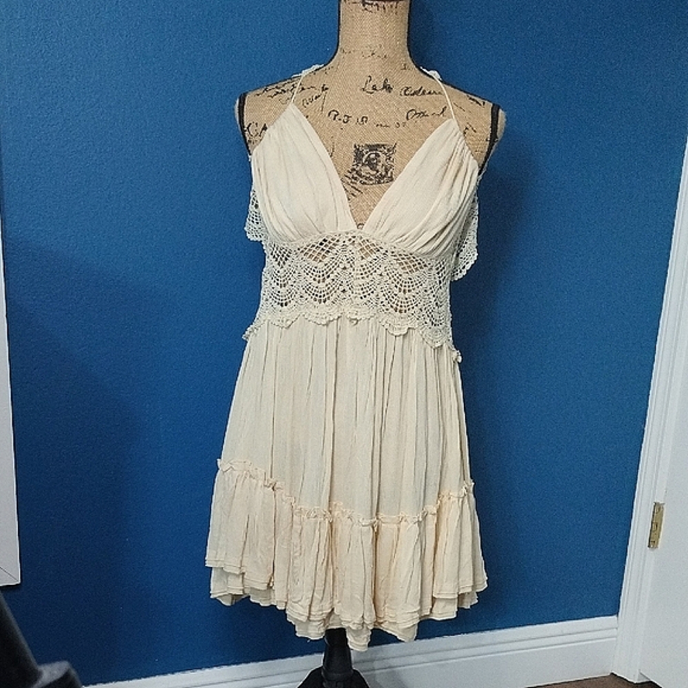 R Vivimos Boho Women's Backless Cream Rayon Summery Dress. For All Occasions
